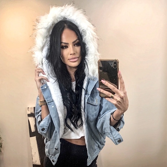 Denim Jean Jacket with Fur Hood - Picture 2 of 4